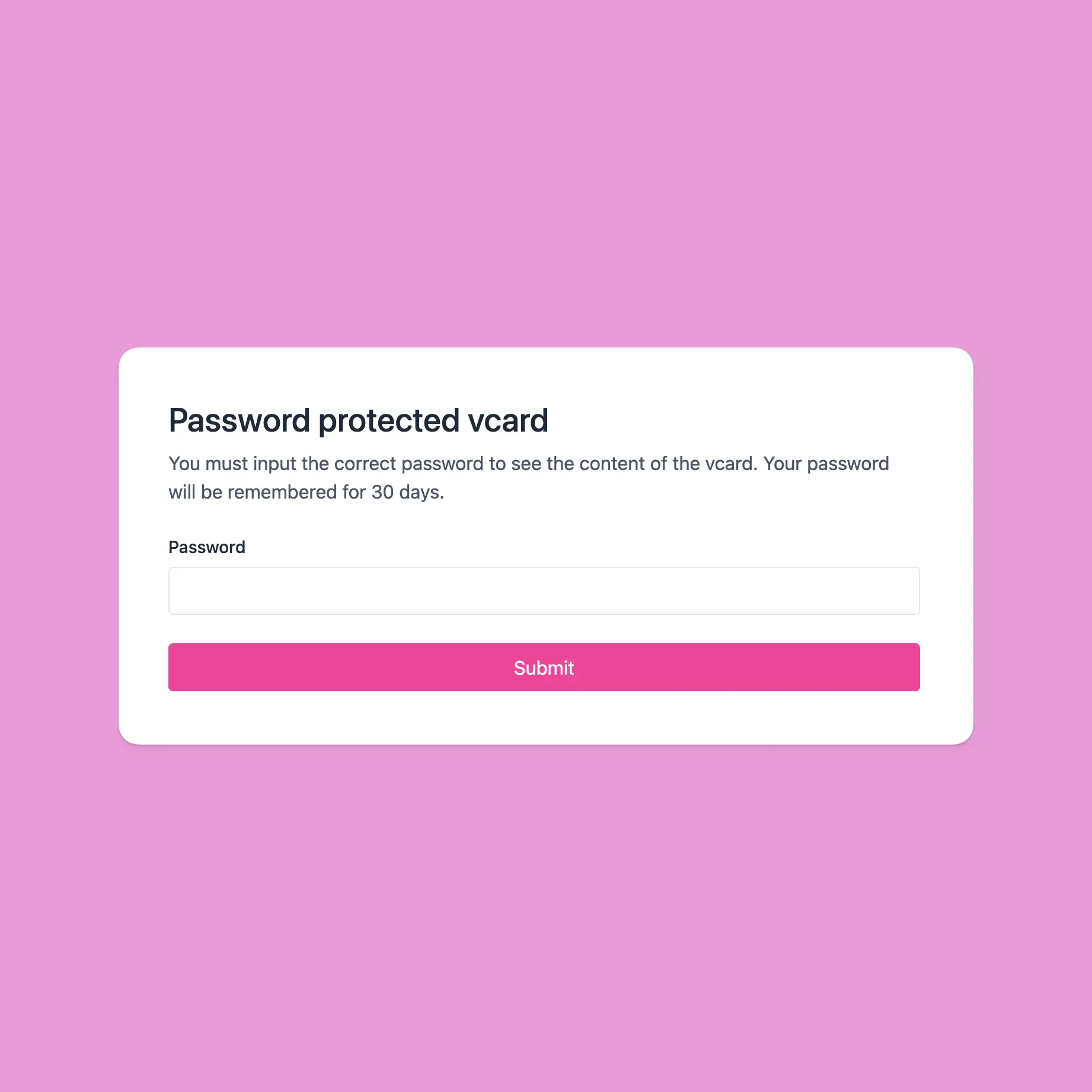 Screenshot of the app vcard password protection example